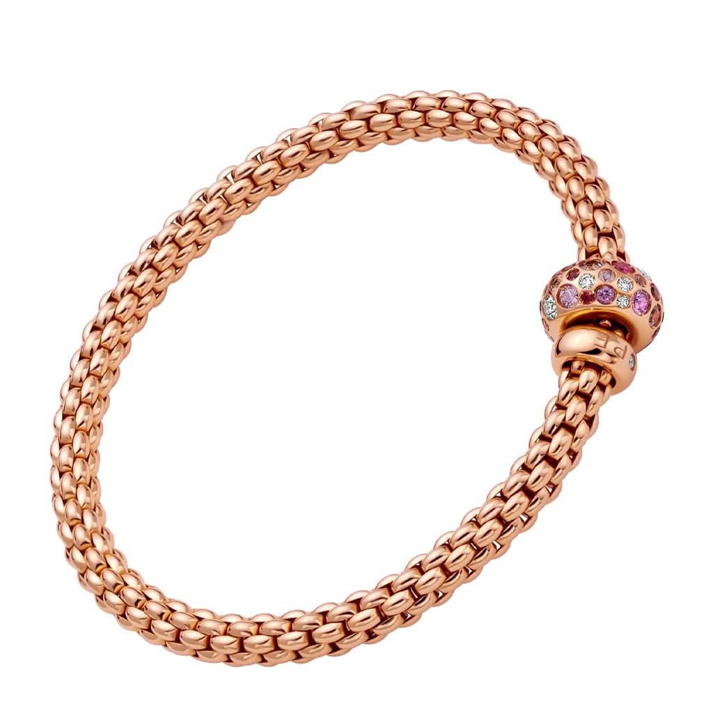 FOPE Designer Jewellery FOPE Solo 18ct Rose Gold 'Flex'it' Bracelet with Pink Sapphire and Diamond-set Rondel