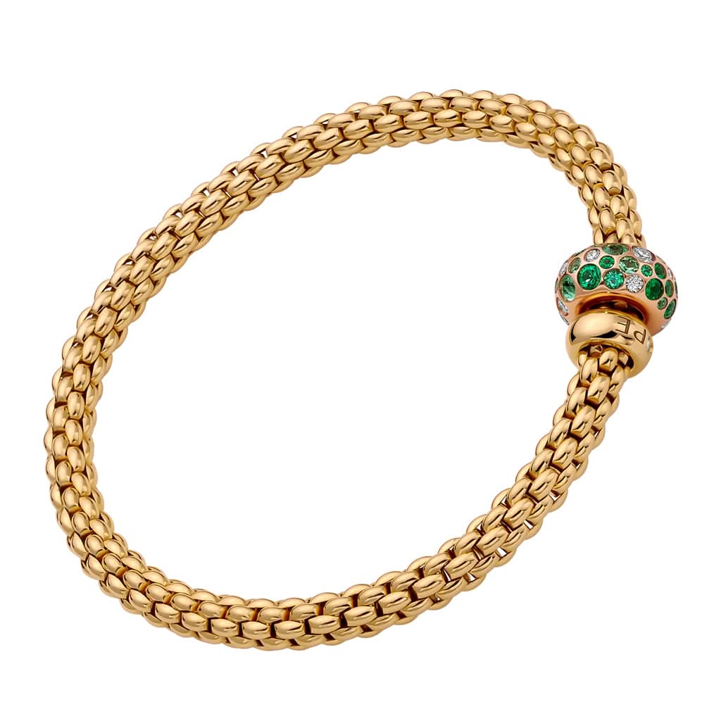 FOPE Designer Jewellery FOPE Solo 18ct Yellow Gold 'Flex'it' Bracelet with Emerald and Diamond-set Rondel