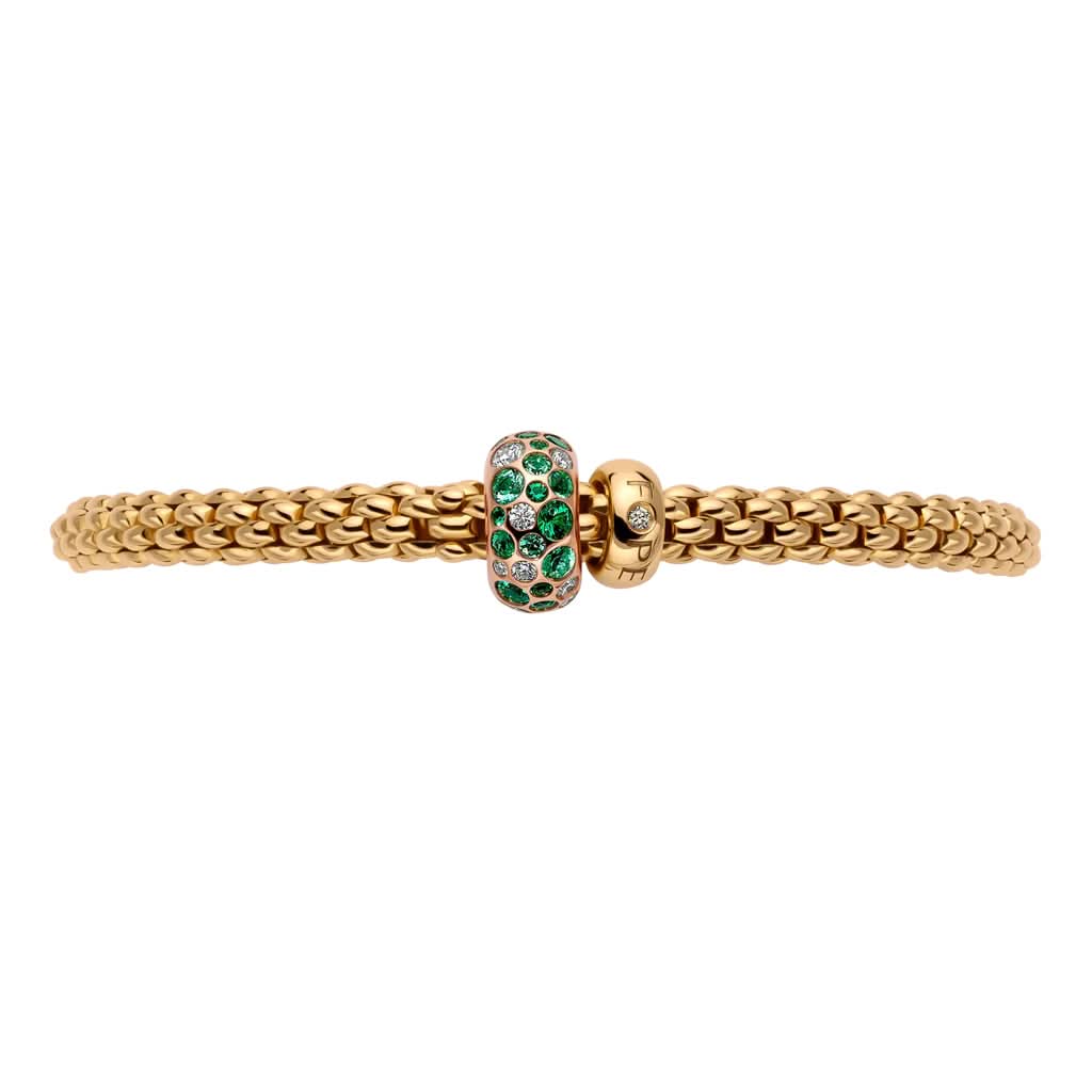 FOPE Designer Jewellery FOPE Solo 18ct Yellow Gold 'Flex'it' Bracelet with Emerald and Diamond-set Rondel