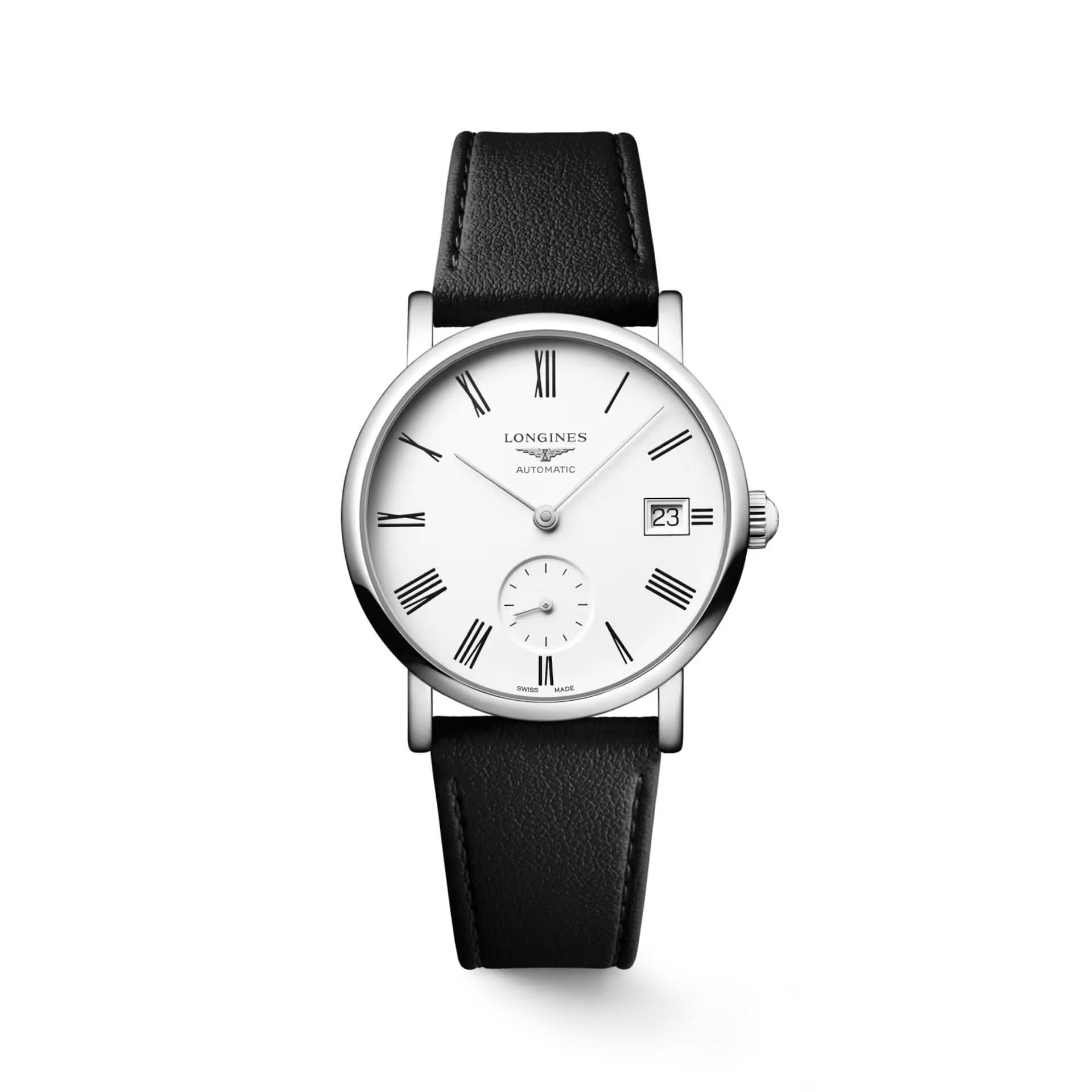 Longines Luxury Watch LONGINES ELEGANT Steel Automatic Watch on Black Faux Leather Strap L4.312.4.11.0