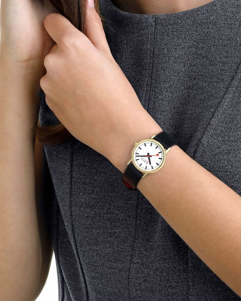 Mondaine Luxury Watches Mondaine Classic Black Vegan Grape Leather Strap Gold Case Watch A658.30323.10SBBV