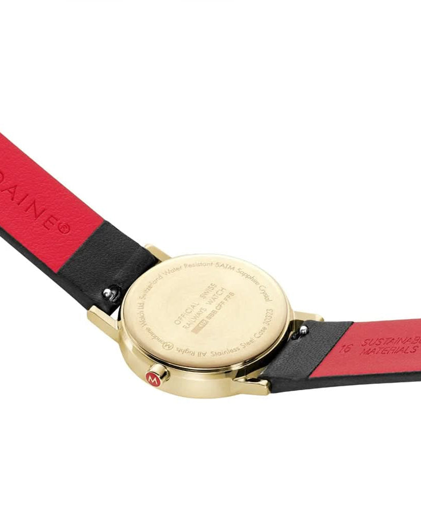 Mondaine Luxury Watches Mondaine Classic Black Vegan Grape Leather Strap Gold Case Watch A658.30323.10SBBV