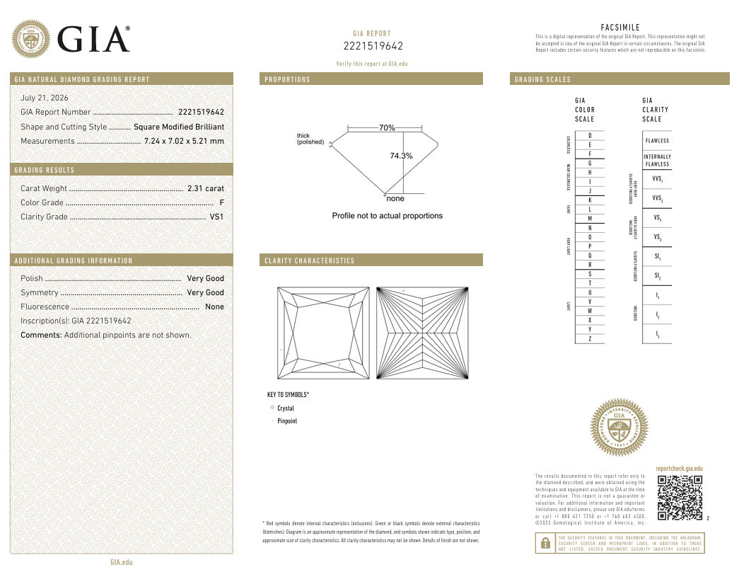Ogden Of Harrogate HM PLATINUM PRINCESS CUT DIAMOND SOLITAIRE WITH DIAMOND SET SHOULDERS. FOUR CLAW SETTING. GIA CERT 2221519642 PRINCIPAL DIAMOND 2.31CT F VS1 OTHER DIAMOND (14) 0.24CT
