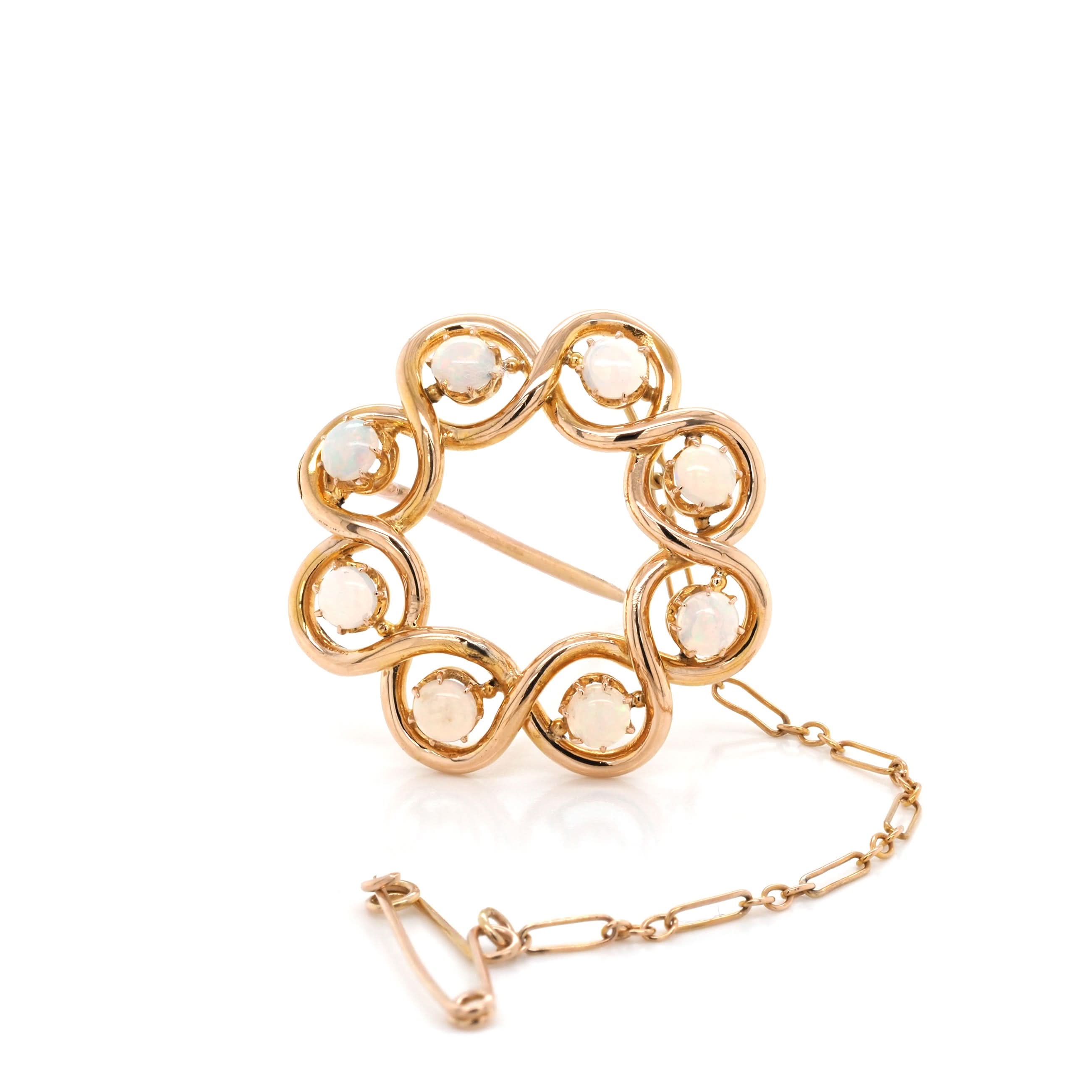 Ogden of Harrogate Jewellery 15ct Yellow Gold Opal-Set Circle Brooch with Safety Chain, c.1915