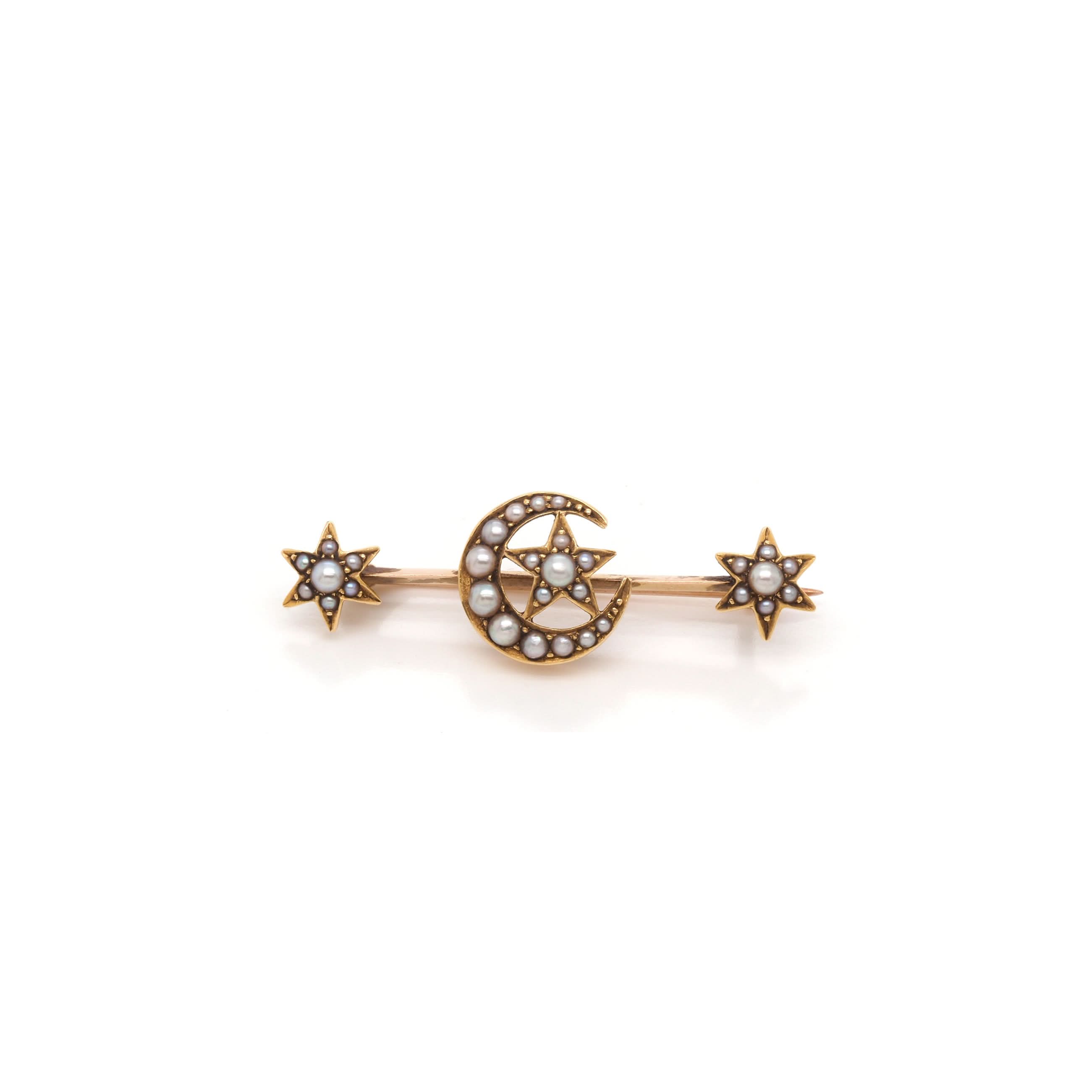 Ogden of Harrogate Jewellery 15ct Yellow Gold Pearl Crescent Moon and Stars Bar Brooch