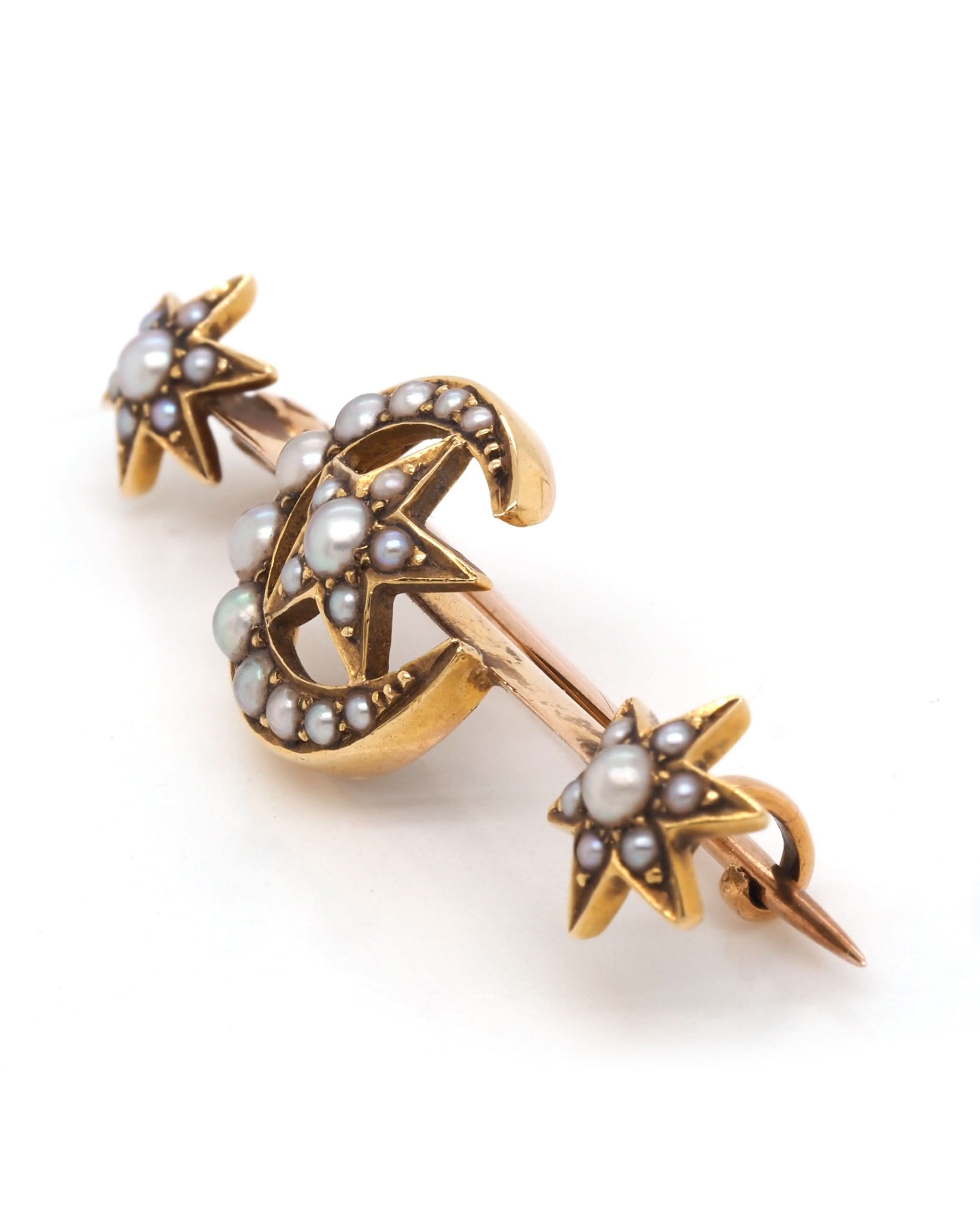 Ogden of Harrogate Jewellery 15ct Yellow Gold Pearl Crescent Moon and Stars Bar Brooch