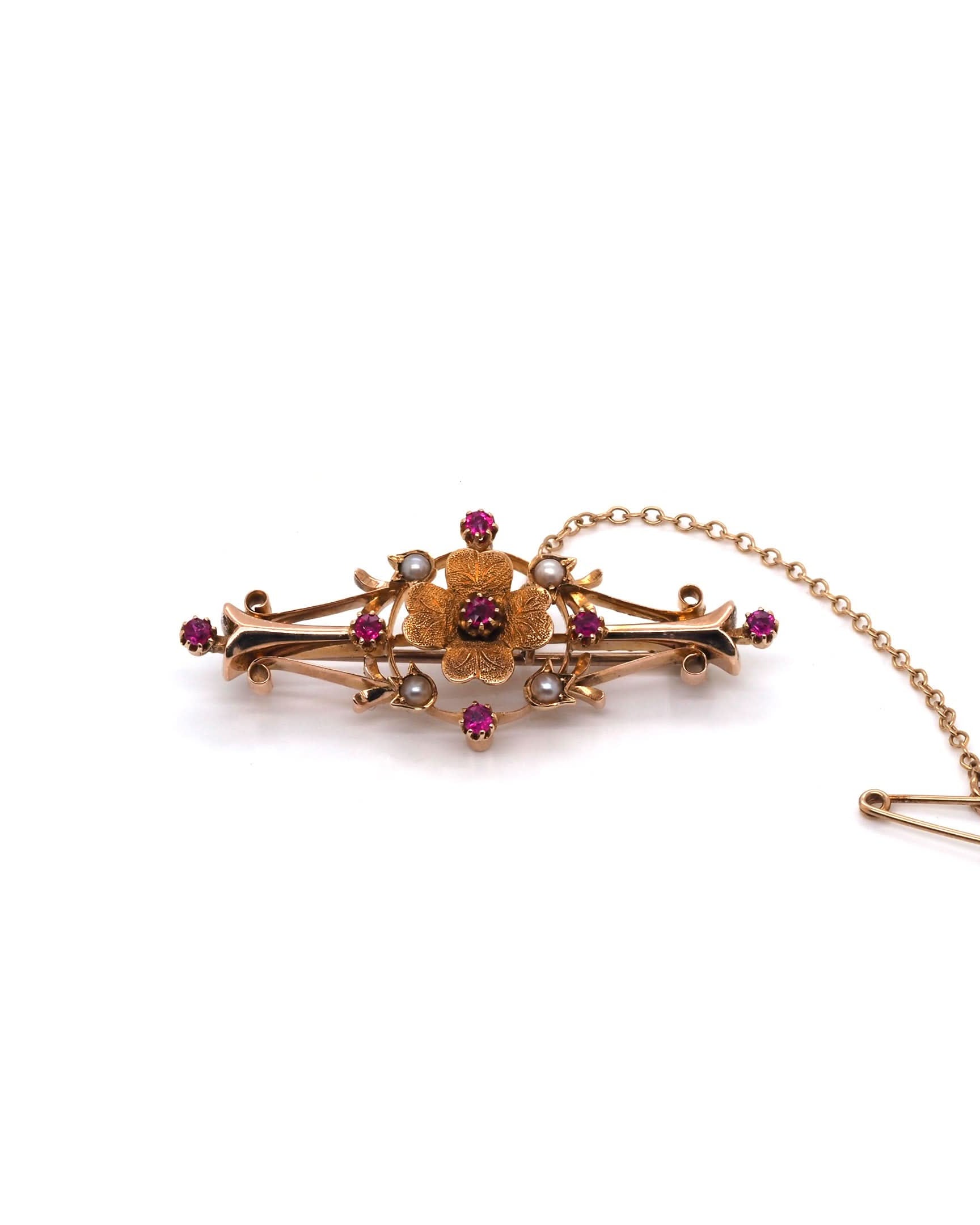 Ogden of Harrogate Jewellery 15ct Yellow Gold Ruby and Pearl Brooch, c.1930