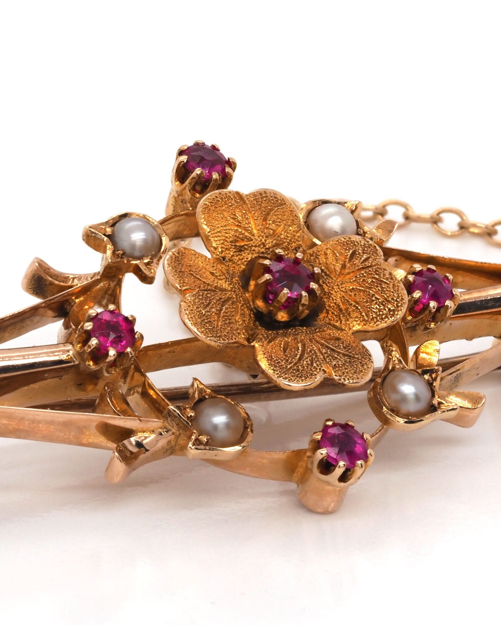 Ogden of Harrogate Jewellery 15ct Yellow Gold Ruby and Pearl Brooch, c.1930