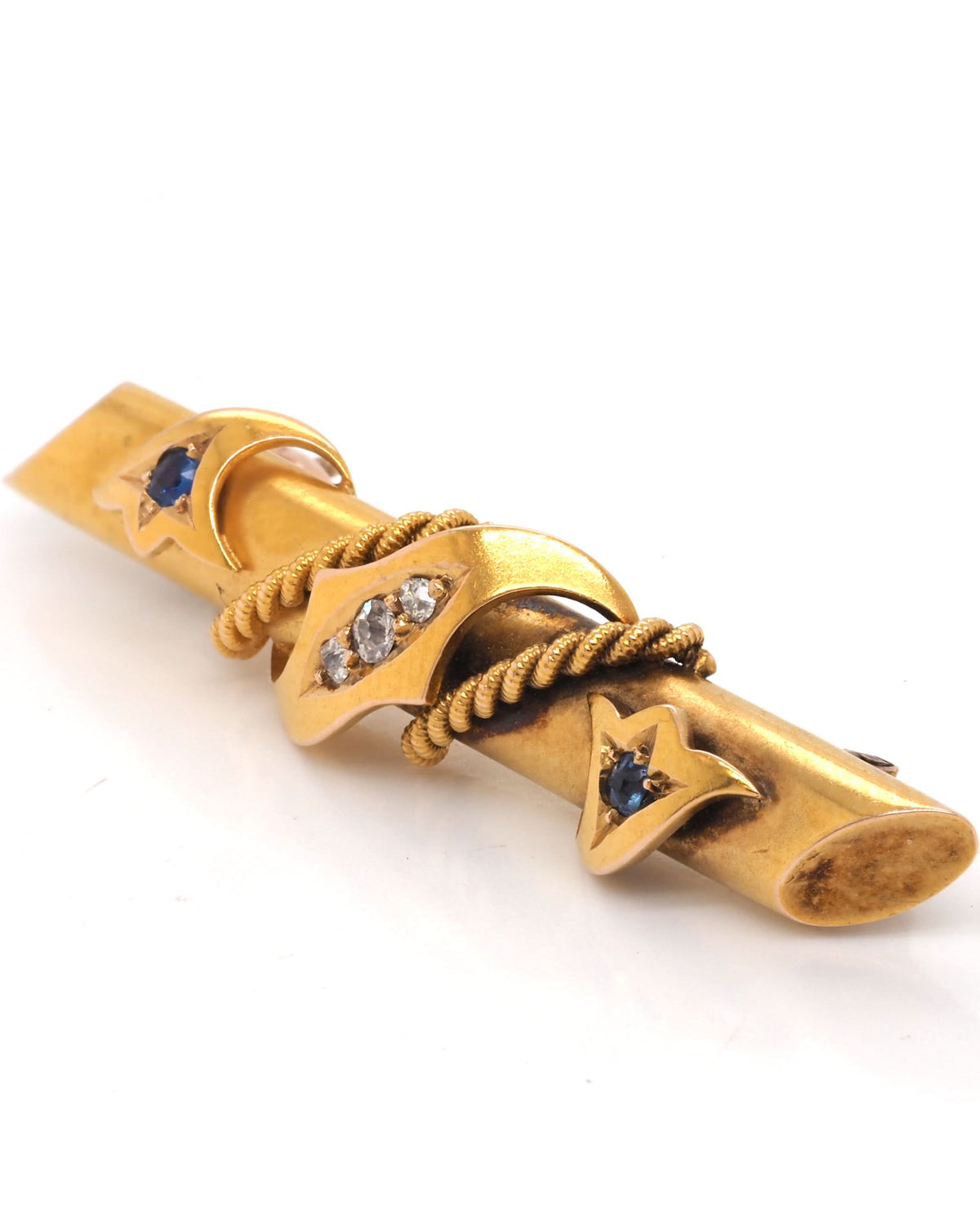 Ogden of Harrogate Jewellery 15ct Yellow Gold Sapphire and Diamond Bar Brooch, c.1915