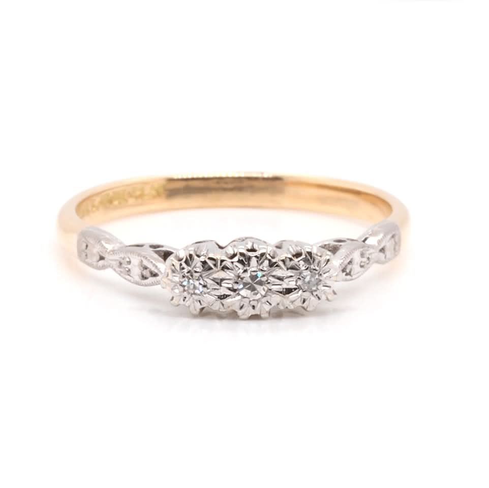Ogden of Harrogate Jewellery 18ct Gold and Platinum Three Stone Diamond Ring C.1930