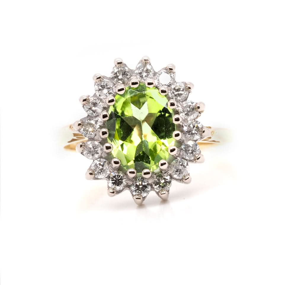 Ogden of Harrogate Jewellery 18ct Gold Oval Peridot and Diamond Cluster Ring