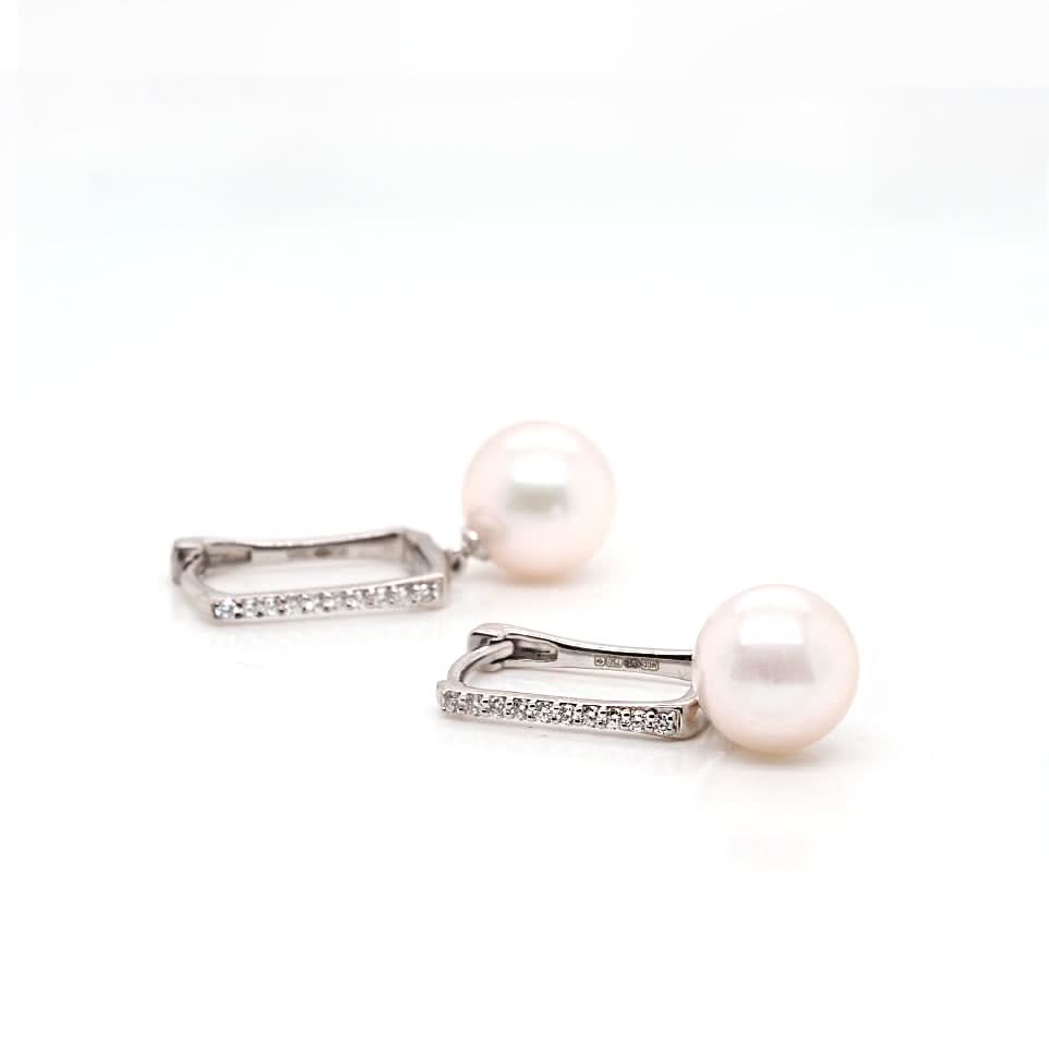 Ogden of Harrogate Jewellery 18ct White Gold Akoya Cultured Pearl and Diamond Rectangular Hoop Earrings
