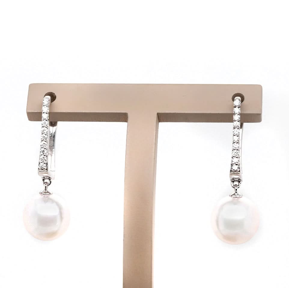Ogden of Harrogate Jewellery 18ct White Gold Akoya Cultured Pearl and Diamond Rectangular Hoop Earrings