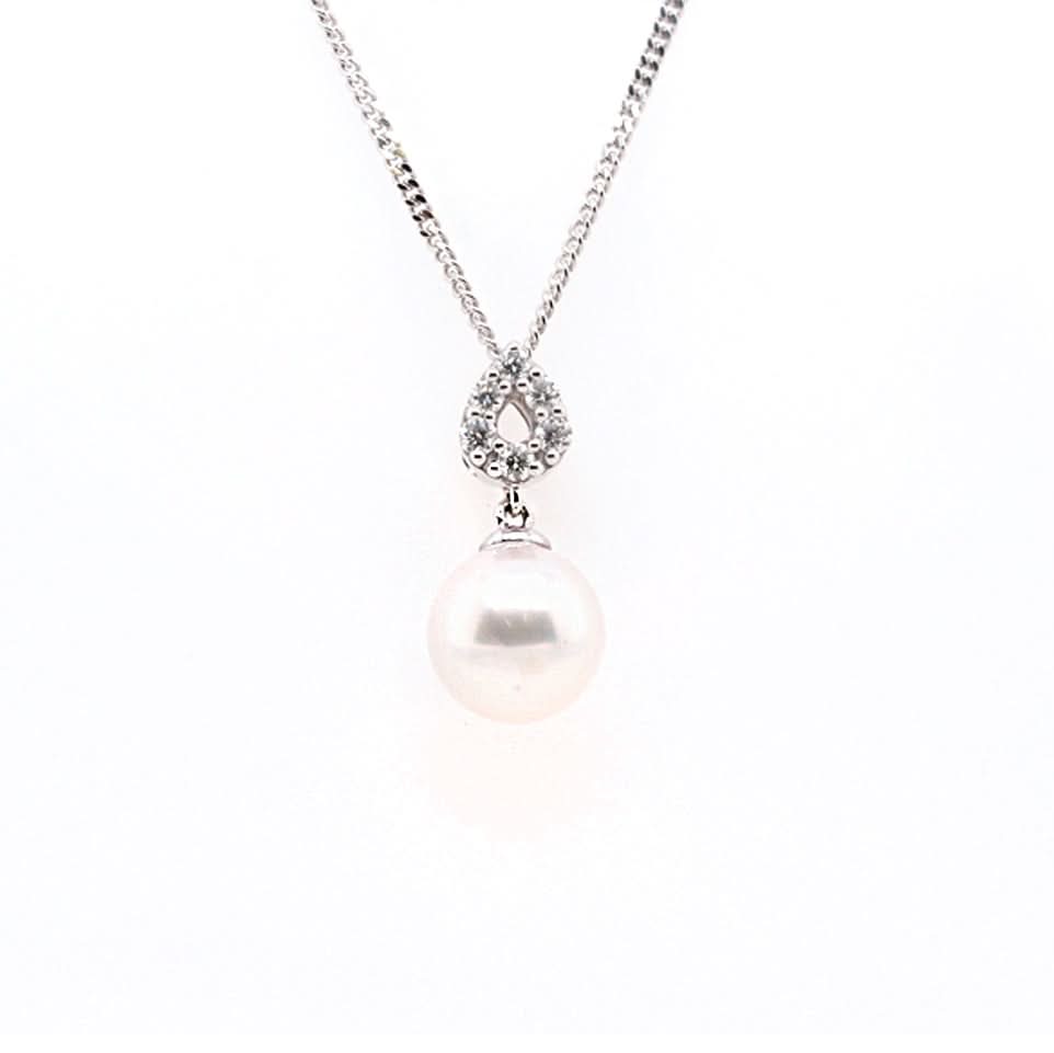 Ogden of Harrogate Jewellery 18ct White Gold Akoya Pearl and Pear Diamond Cluster Pendant