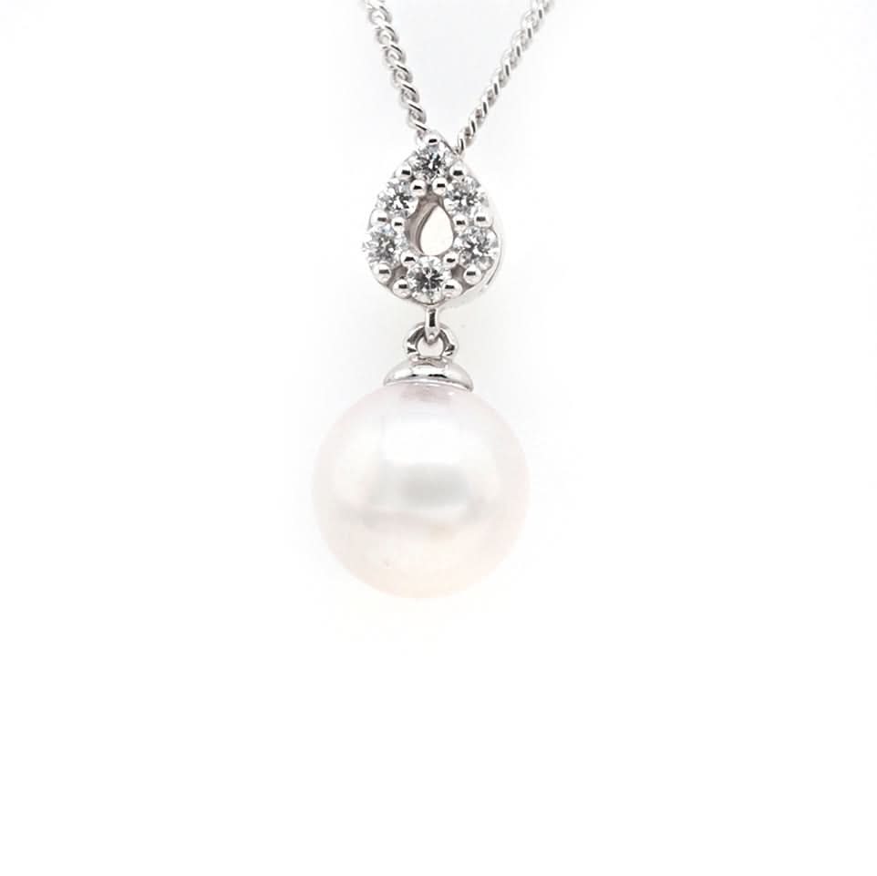 Ogden of Harrogate Jewellery 18ct White Gold Akoya Pearl and Pear Diamond Cluster Pendant