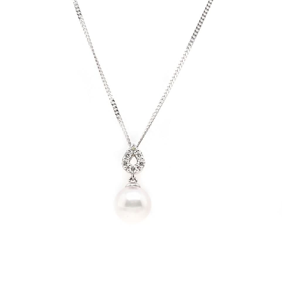 Ogden of Harrogate Jewellery 18ct White Gold Akoya Pearl and Pear Diamond Cluster Pendant
