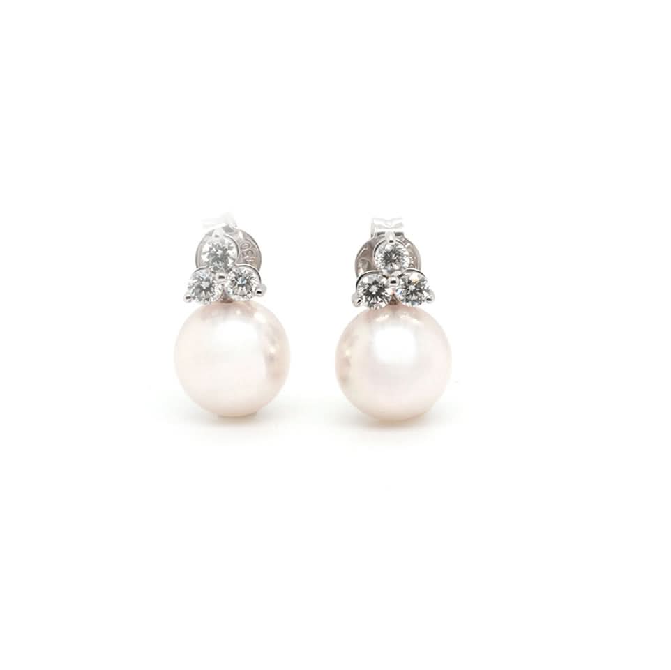 Ogden of Harrogate Jewellery 18ct White Gold Akoya Pearl and Trefoil Diamond Stud Earrings