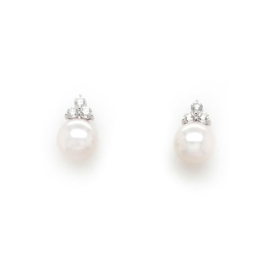 Ogden of Harrogate Jewellery 18ct White Gold Akoya Pearl and Trefoil Diamond Stud Earrings