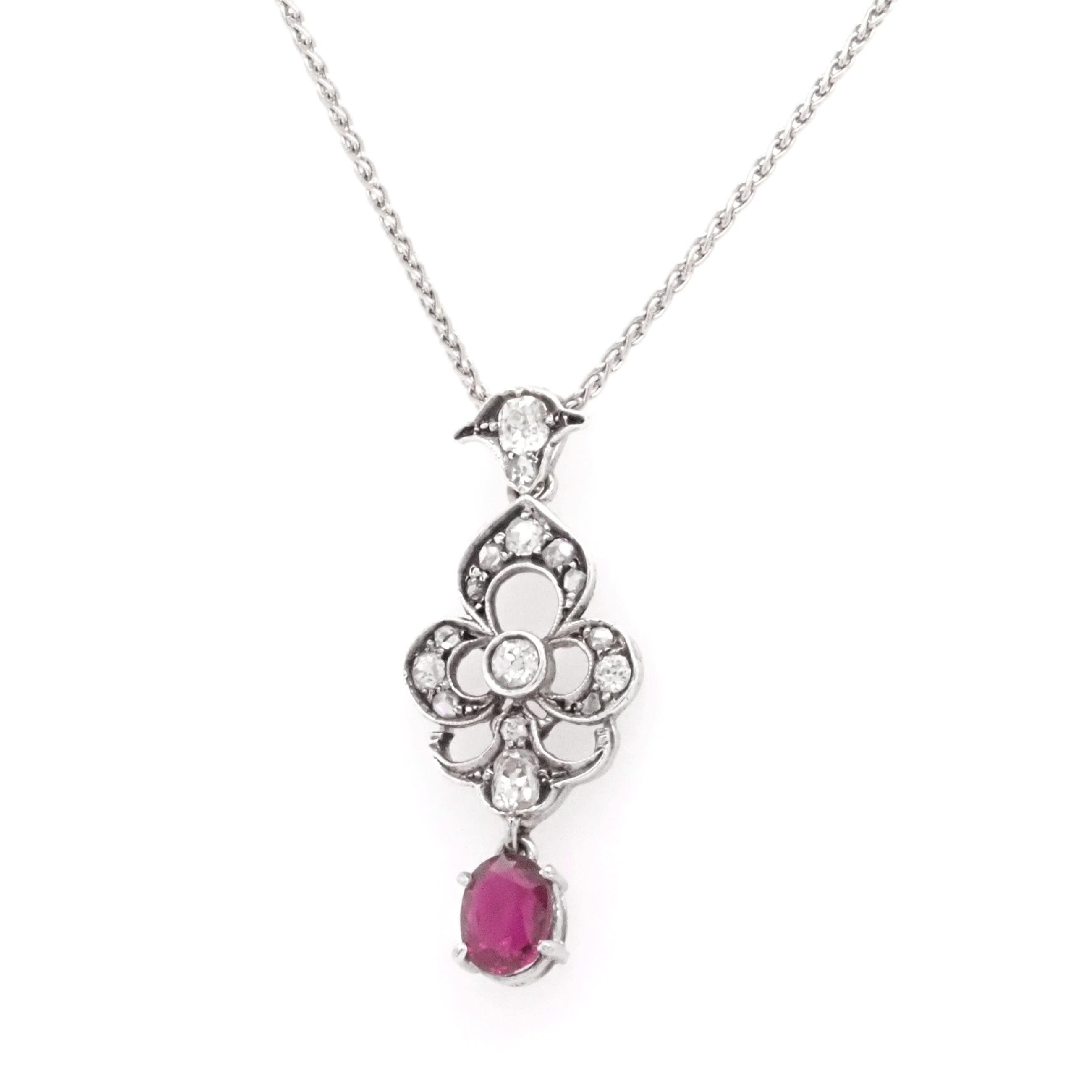 Ogden of Harrogate Jewellery 18ct White Gold and Silver Ornate Oval Ruby and Diamond-Set Pendant
