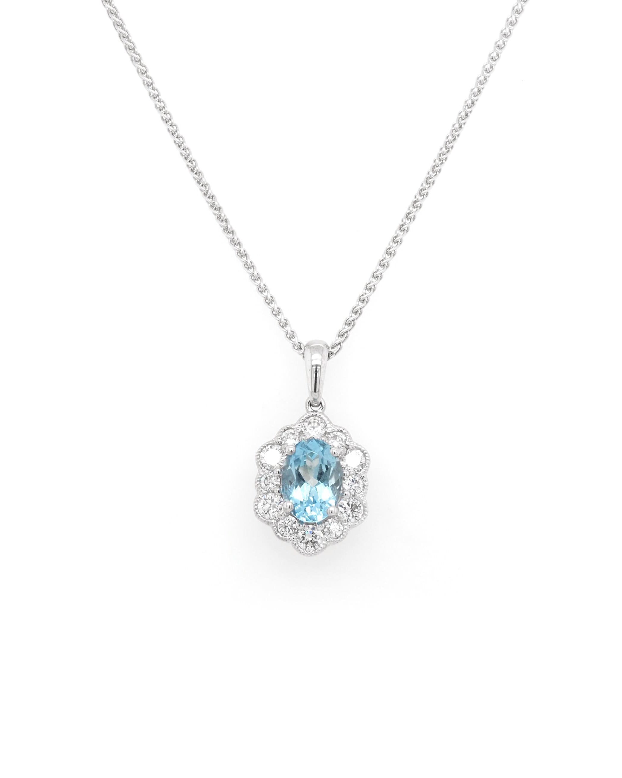Ogden of Harrogate Jewellery 18ct White Gold Aquamarine and Diamond Hexagonal Cluster Pendant