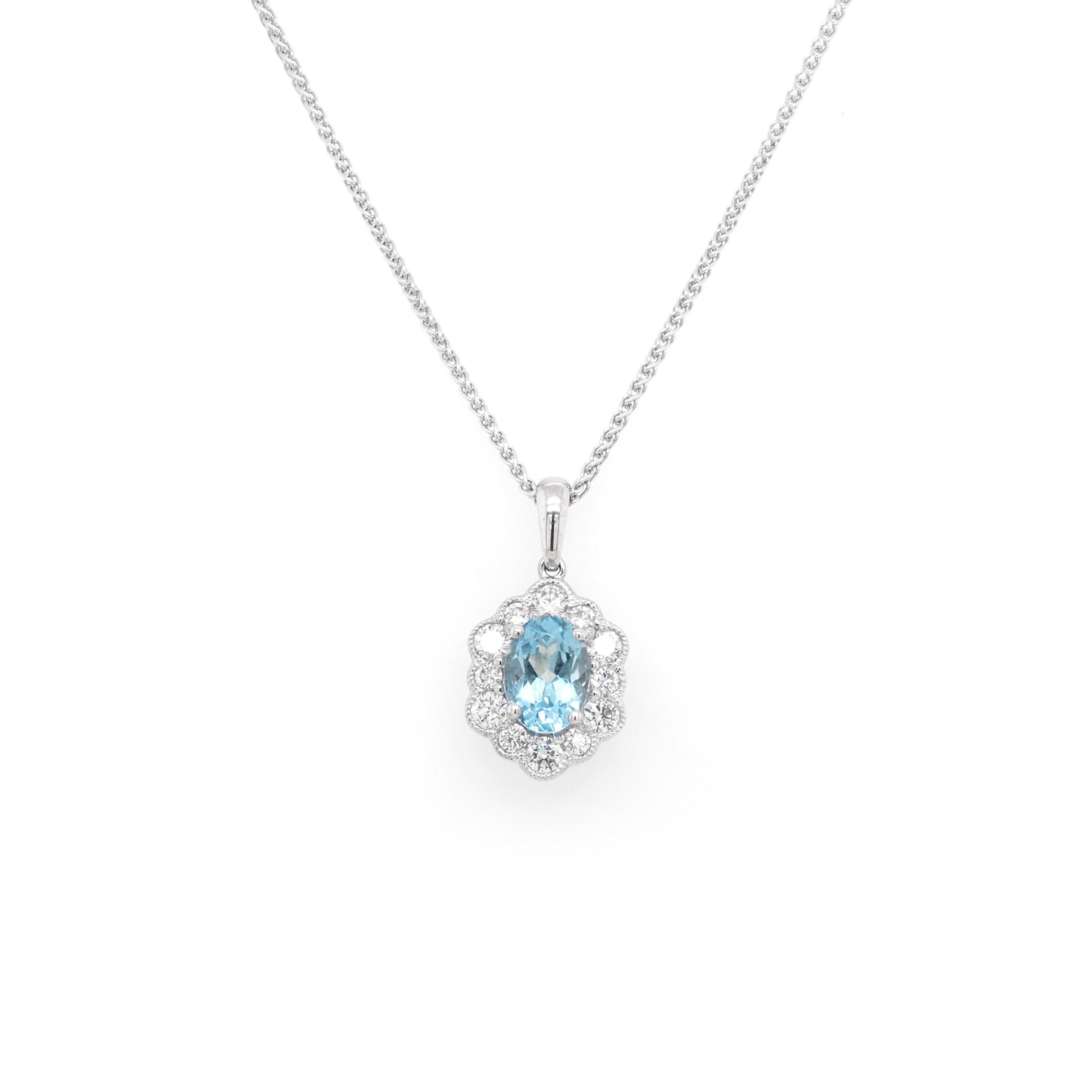 Ogden of Harrogate Jewellery 18ct White Gold Aquamarine and Diamond Hexagonal Cluster Pendant