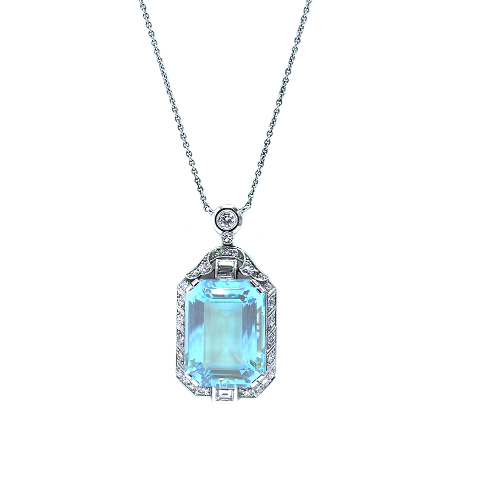 Ogden of Harrogate Jewellery 18ct White Gold Aquamarine & Diamond Cluster Pendant on Chain