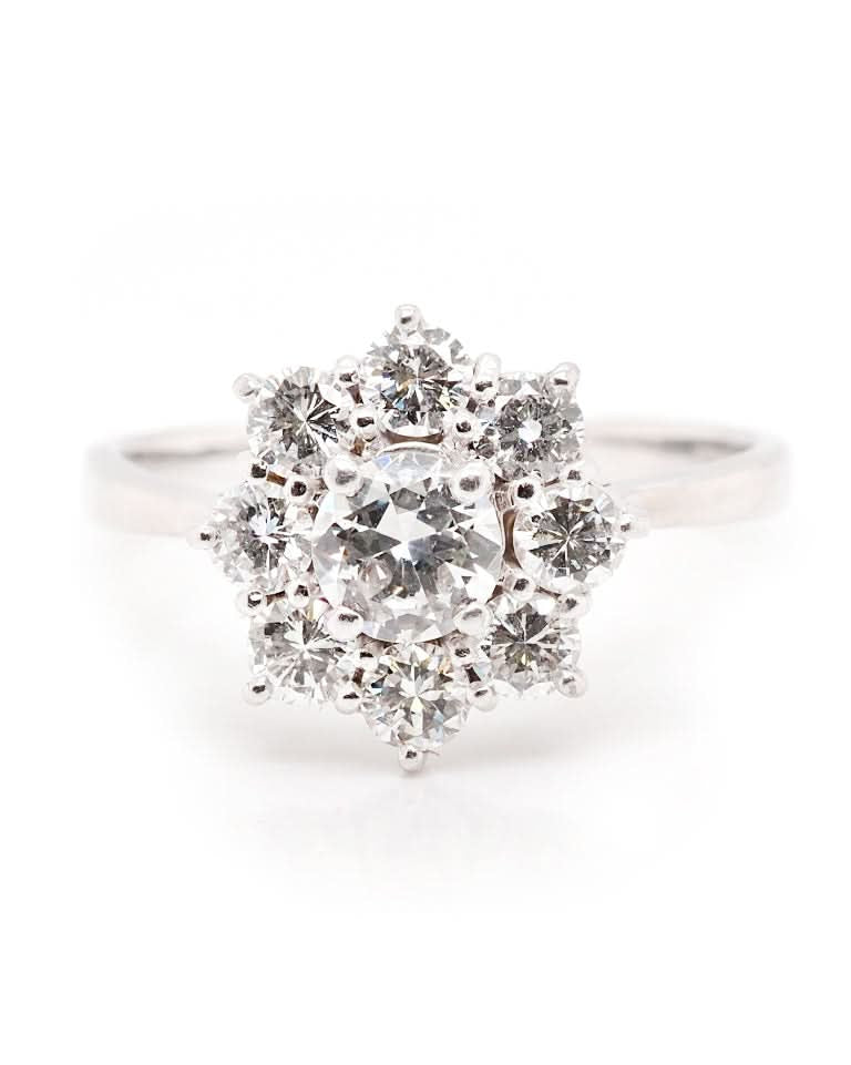 Ogden of Harrogate Jewellery 18ct White Gold Diamond Cluster Ring with Centre Stone and Eight Surrounding Diamonds