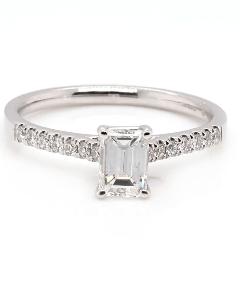 Ogden of Harrogate Jewellery 18ct White Gold Emerald-Cut Diamond Solitaire Ring with Diamond-Set Shoulders