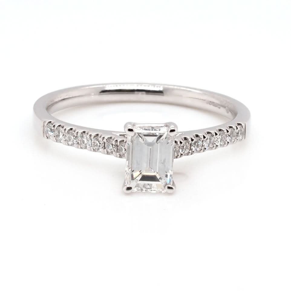 Ogden of Harrogate Jewellery 18ct White Gold Emerald-Cut Diamond Solitaire Ring with Diamond-Set Shoulders