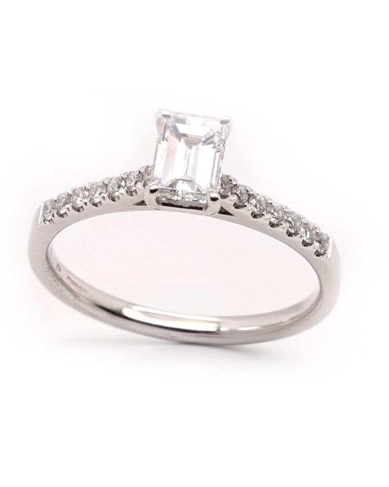 Ogden of Harrogate Jewellery 18ct White Gold Emerald-Cut Diamond Solitaire Ring with Diamond-Set Shoulders