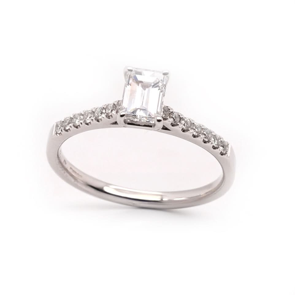 Ogden of Harrogate Jewellery 18ct White Gold Emerald-Cut Diamond Solitaire Ring with Diamond-Set Shoulders