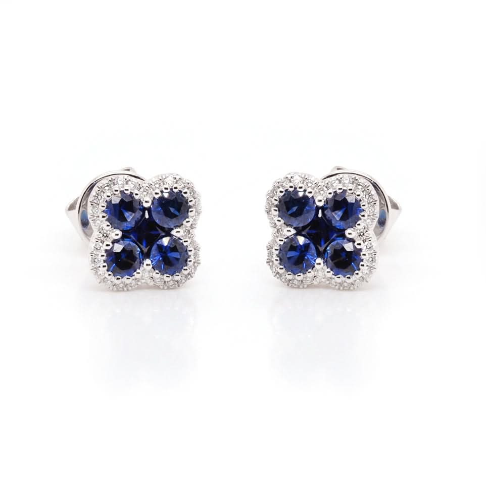 Ogden of Harrogate Jewellery 18ct White Gold Flower Shaped Sapphire and Diamond Earrings
