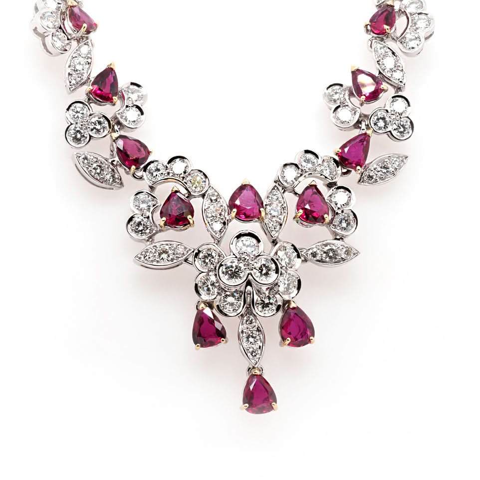 Ogden of Harrogate Jewellery 18ct White Gold Ornate Diamond and Ruby Necklace