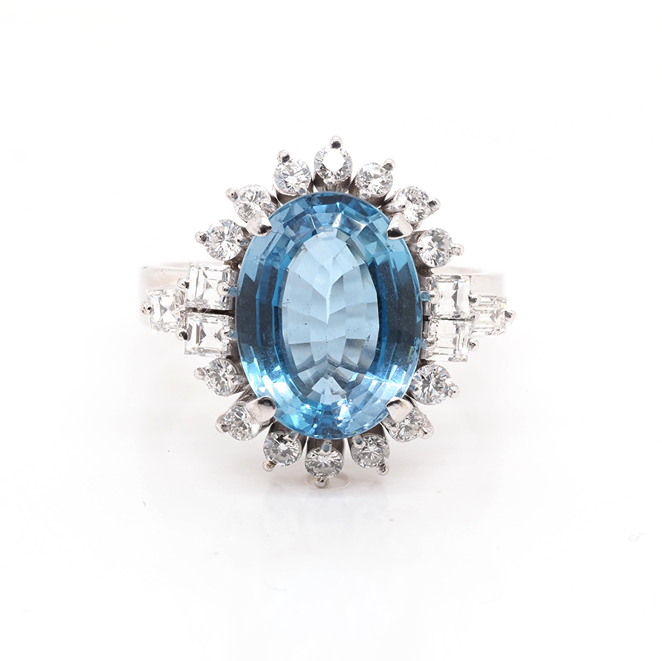 Ogden of Harrogate Jewellery 18ct White Gold Oval Aquamarine Ring with Diamond Surround and Shoulders