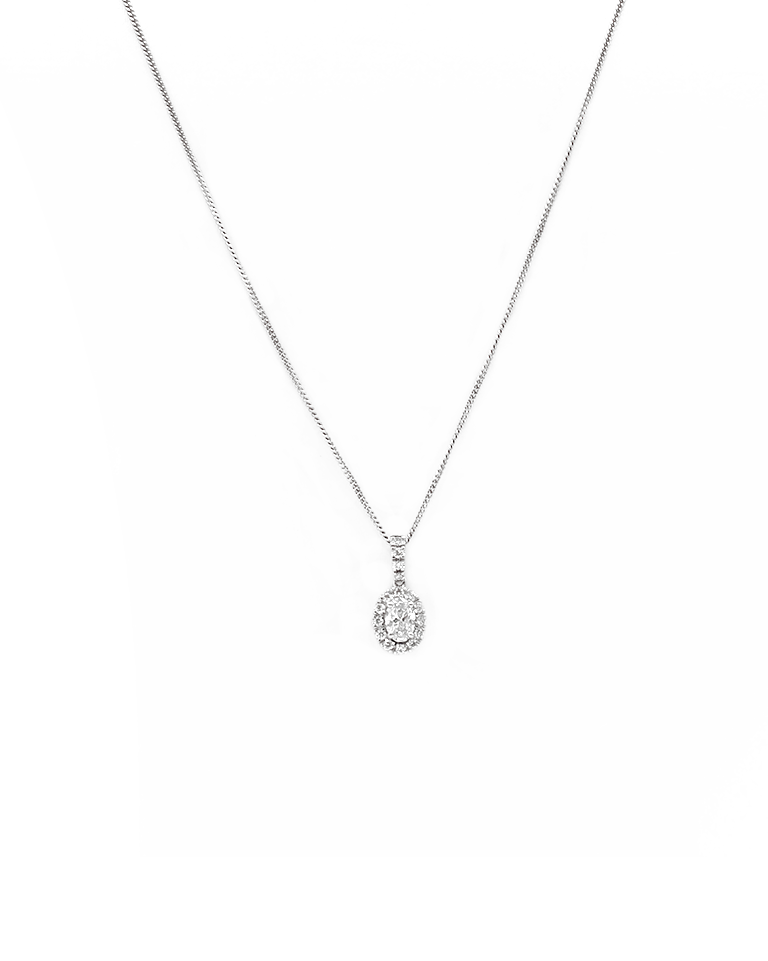 Ogden of Harrogate Jewellery 18ct White Gold Oval Diamond and Diamond Surround Cluster Pendant with 18ct White Gold Chain