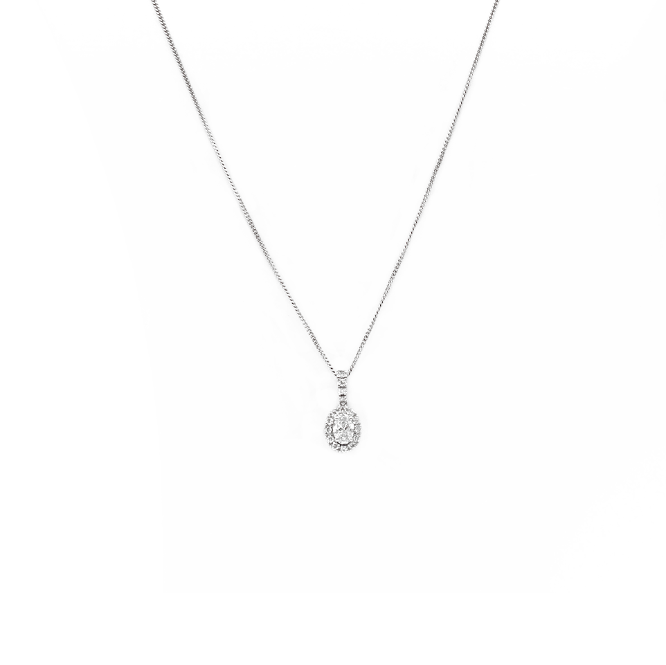 Ogden of Harrogate Jewellery 18ct White Gold Oval Diamond and Diamond Surround Cluster Pendant with 18ct White Gold Chain
