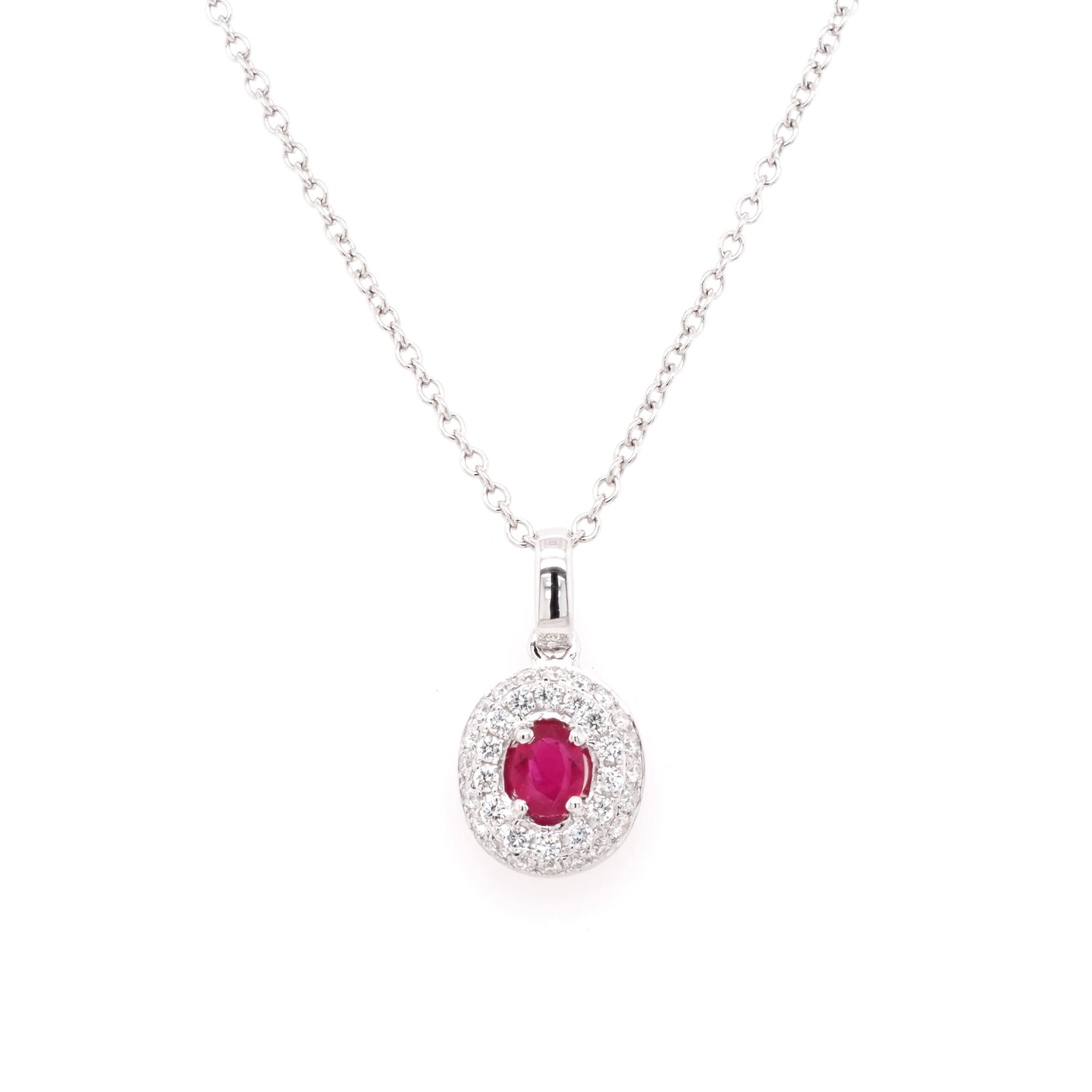 Ogden of Harrogate Jewellery 18ct White Gold Oval Ruby and Diamond Cluster Pendant