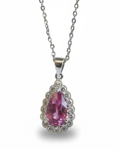 Ogden of Harrogate Jewellery 18ct White Gold Pear Cut Pink Sappire Pendant Encased With Diamonds