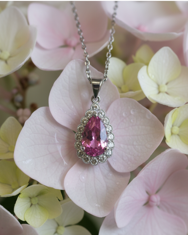 Ogden of Harrogate Jewellery 18ct White Gold Pear Cut Pink Sappire Pendant Encased With Diamonds