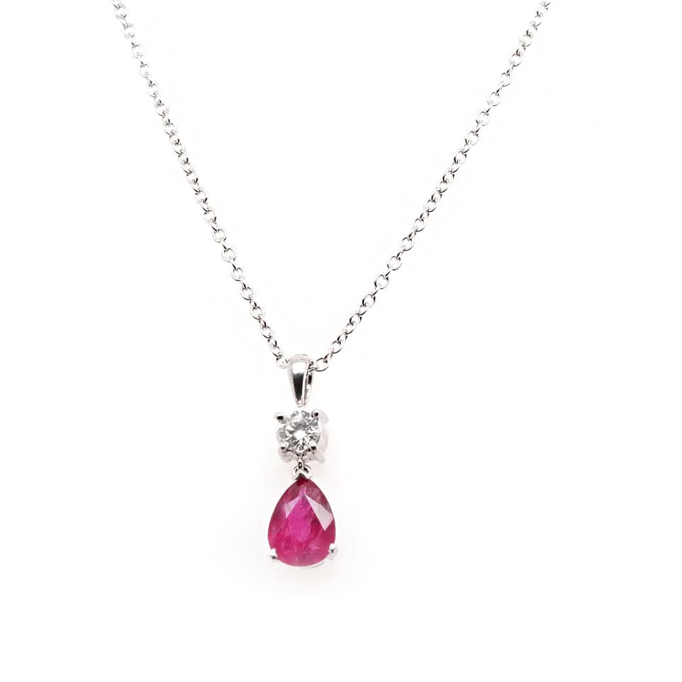 Ogden of Harrogate Jewellery 18ct White Gold Pear-Shaped Ruby and Diamond Pendant on 18ct White Gold Chain