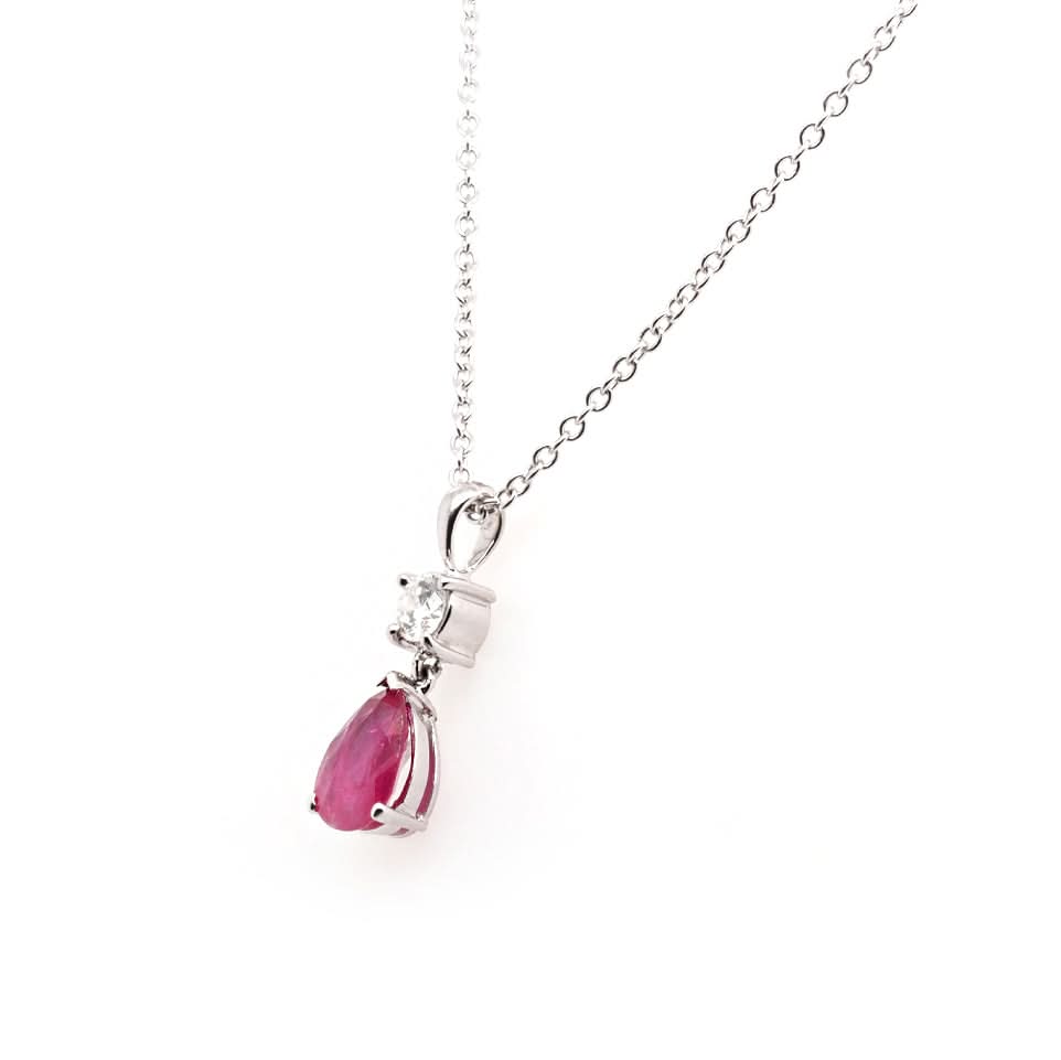 Ogden of Harrogate Jewellery 18ct White Gold Pear-Shaped Ruby and Diamond Pendant on 18ct White Gold Chain
