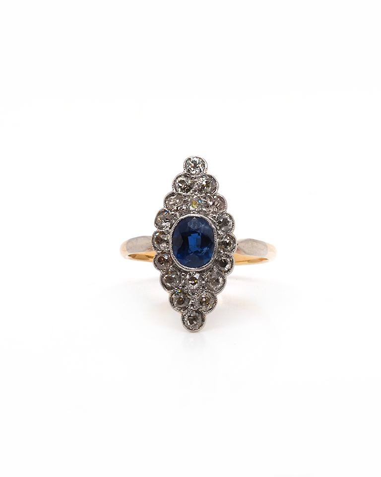 Ogden of Harrogate Jewellery 18ct White Gold & Platinum Unheated Sapphire and Diamond Navette Ring