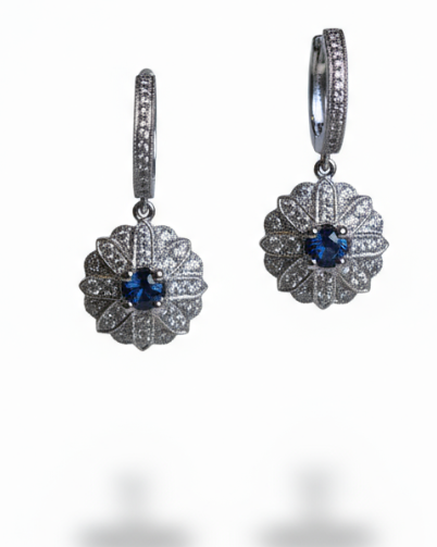 Ogden of Harrogate Jewellery 18ct White Gold Sapphire and Diamond Cluster Drop Earings