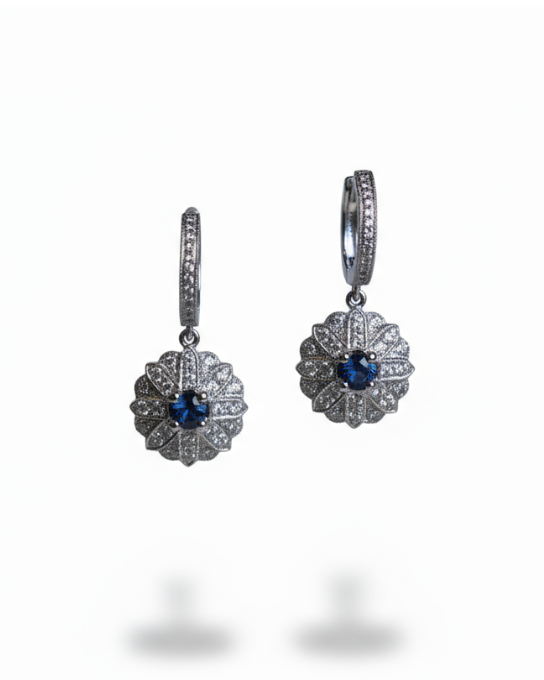 Ogden of Harrogate Jewellery 18ct White Gold Sapphire and Diamond Cluster Drop Earings