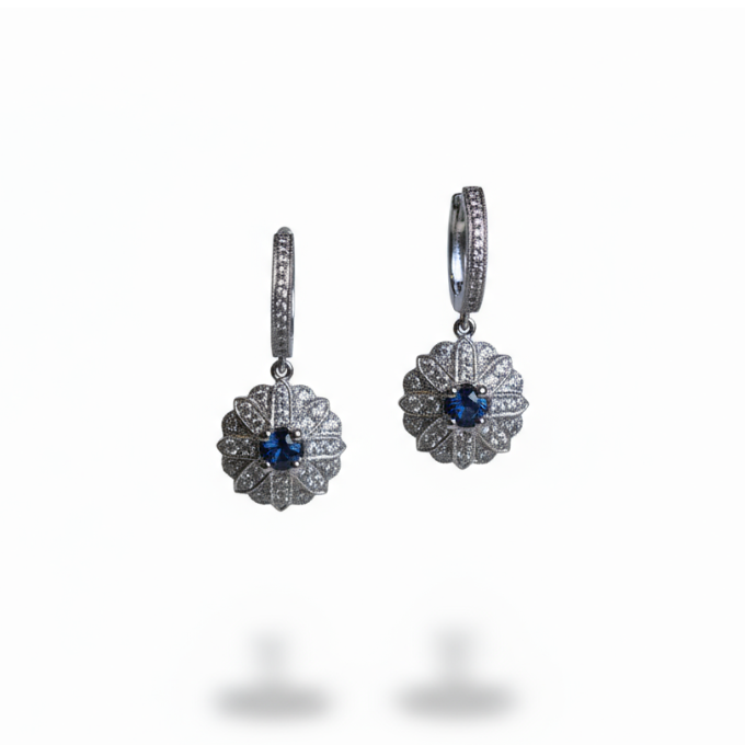 Ogden of Harrogate Jewellery 18ct White Gold Sapphire and Diamond Cluster Drop Earings
