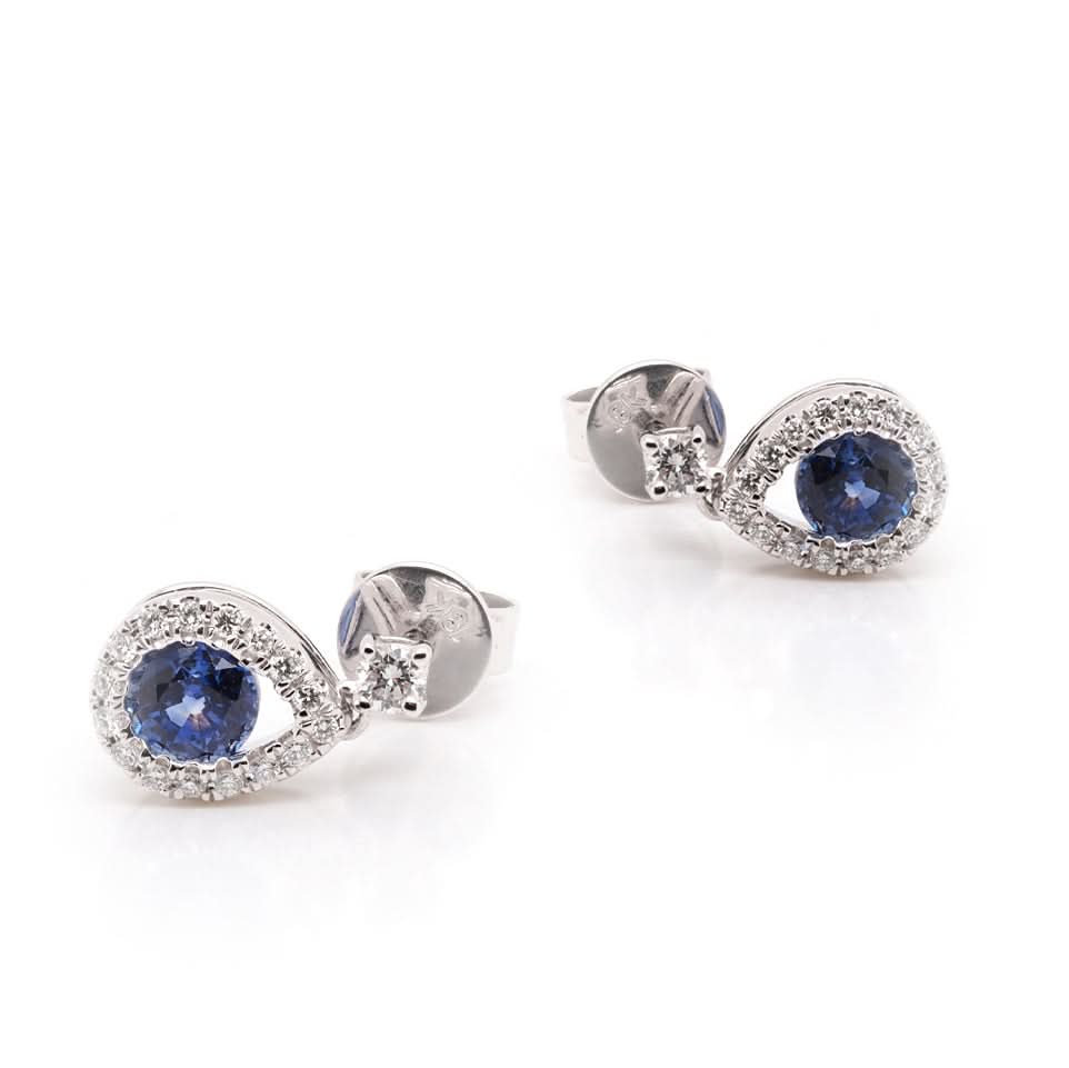 Ogden of Harrogate Jewellery 18ct White Gold Sapphire and Diamond Surround Pear-Shaped Drop Earrings
