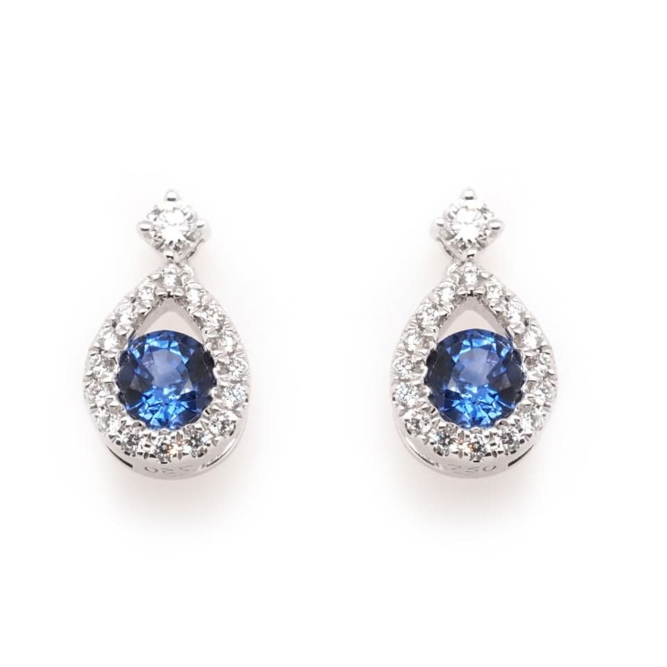 Ogden of Harrogate Jewellery 18ct White Gold Sapphire and Diamond Surround Pear-Shaped Drop Earrings