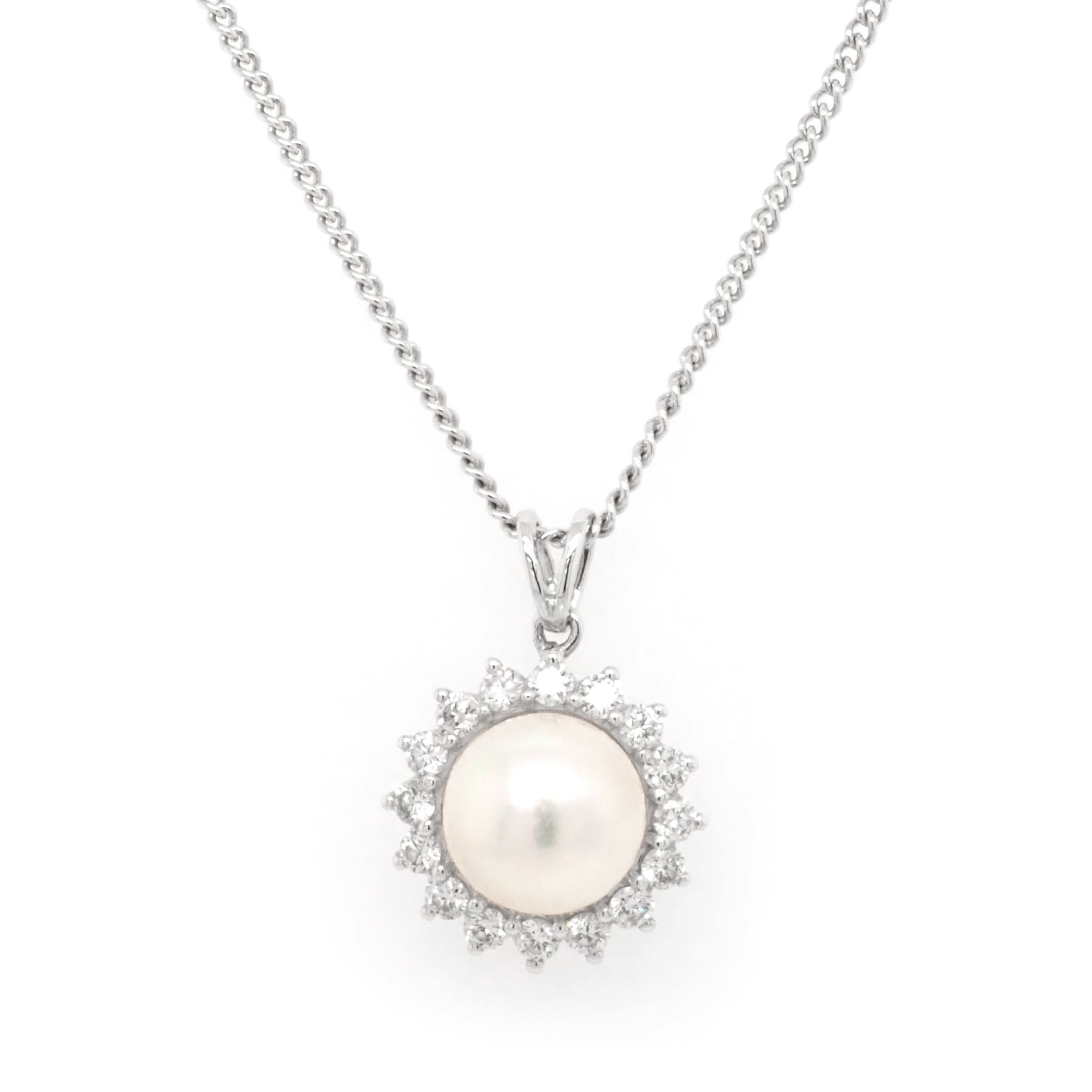 Ogden of Harrogate Jewellery 18ct White Gold Single Pearl and Diamond Eclipse Pendant