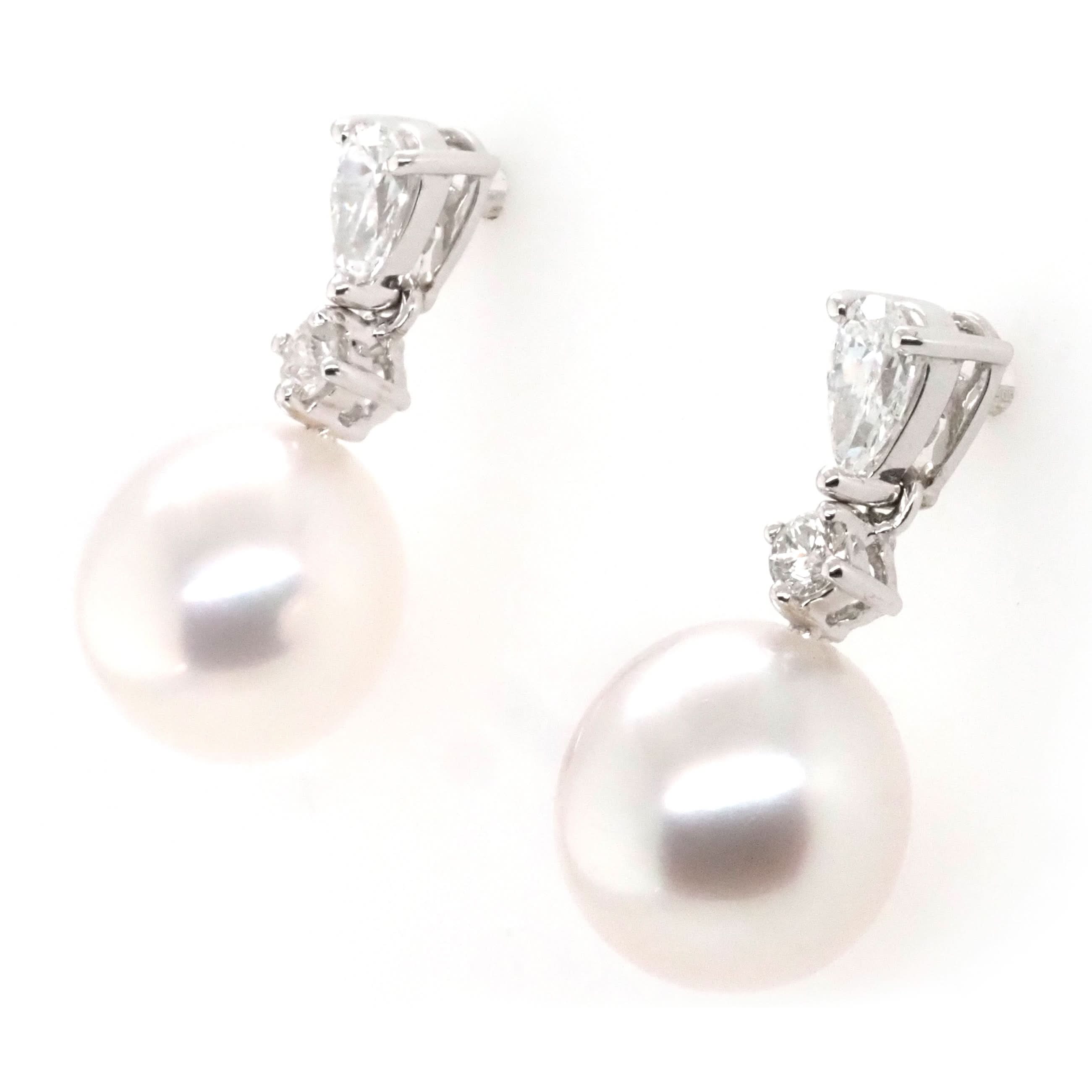 Ogden of Harrogate Jewellery 18ct White Gold South Sea Pearl and Pear-Cut Diamond Drop Earrings
