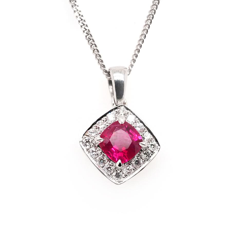 Ogden of Harrogate Jewellery 18ct White Gold Square Cushion-Cut Ruby and Diamond Pendant